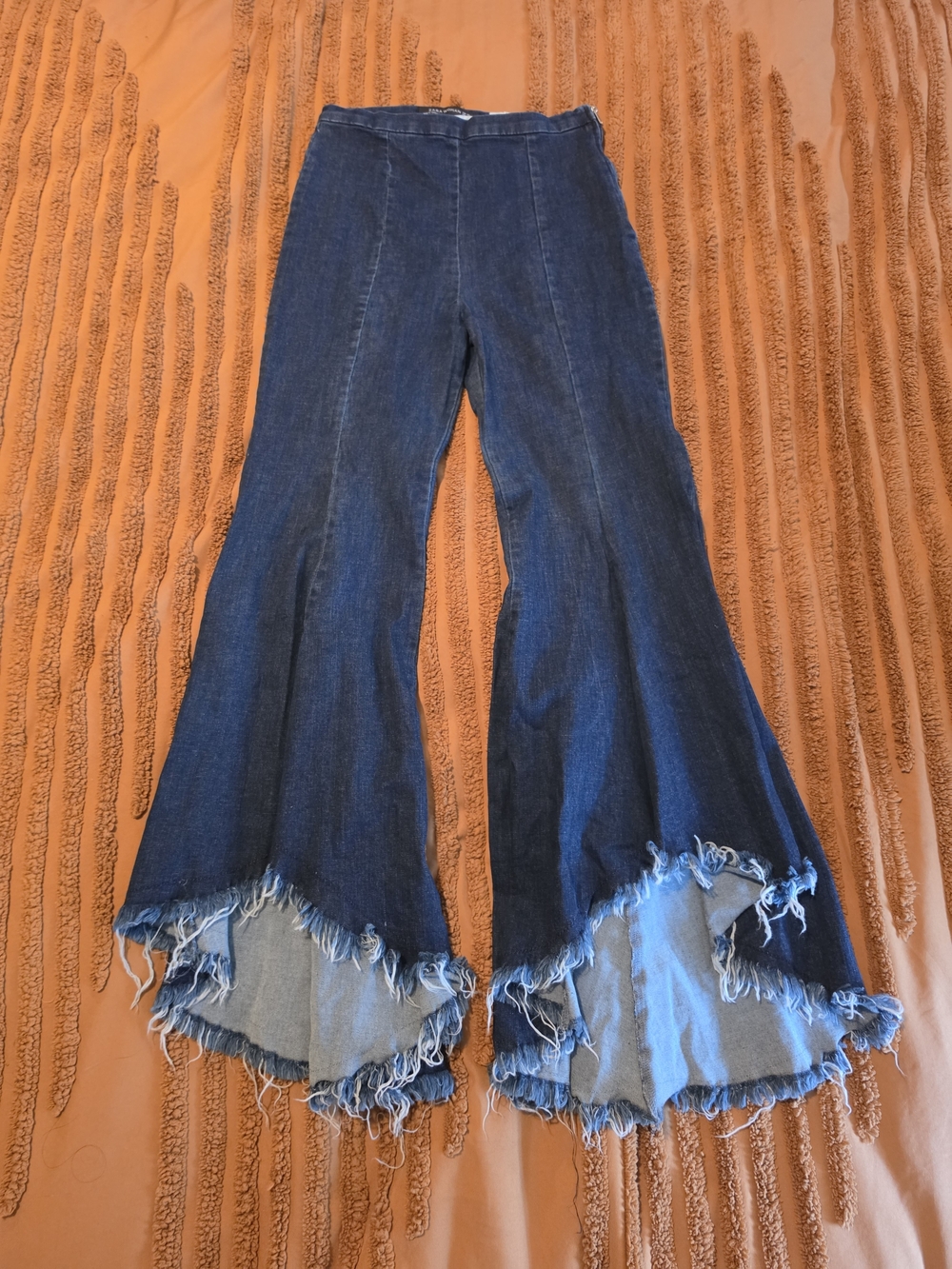 Zara Woman Dark Wash Super Flare Jeans with Asymmetric Frayed Hems - Size XS